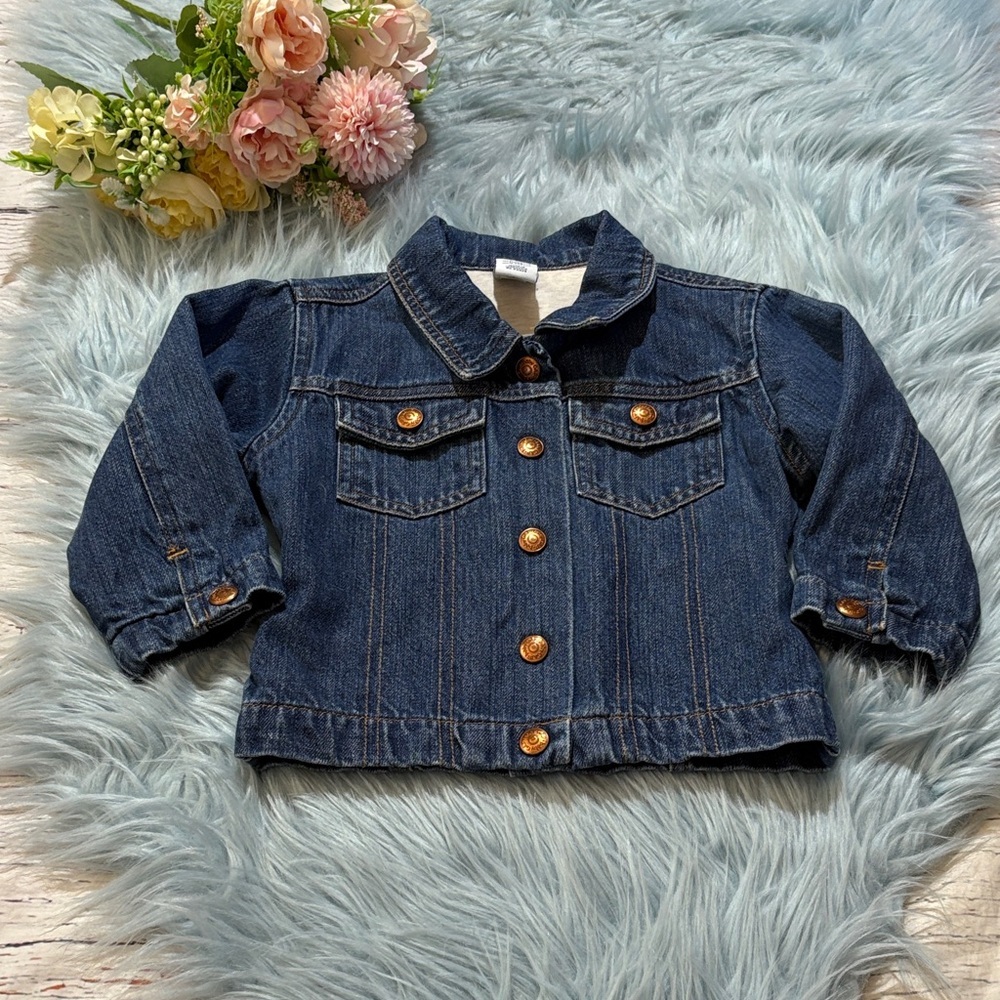 GAP Kids Dark Blue Denim Jacket with Brown Snap Buttons Sz 18-24 months